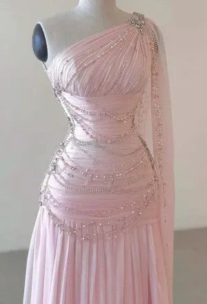 JazzHer Vintage A Line One Shoulder Pink Chiffon Floor Length Prom Dresses Beads Evening Dress (PRE-ORDER)