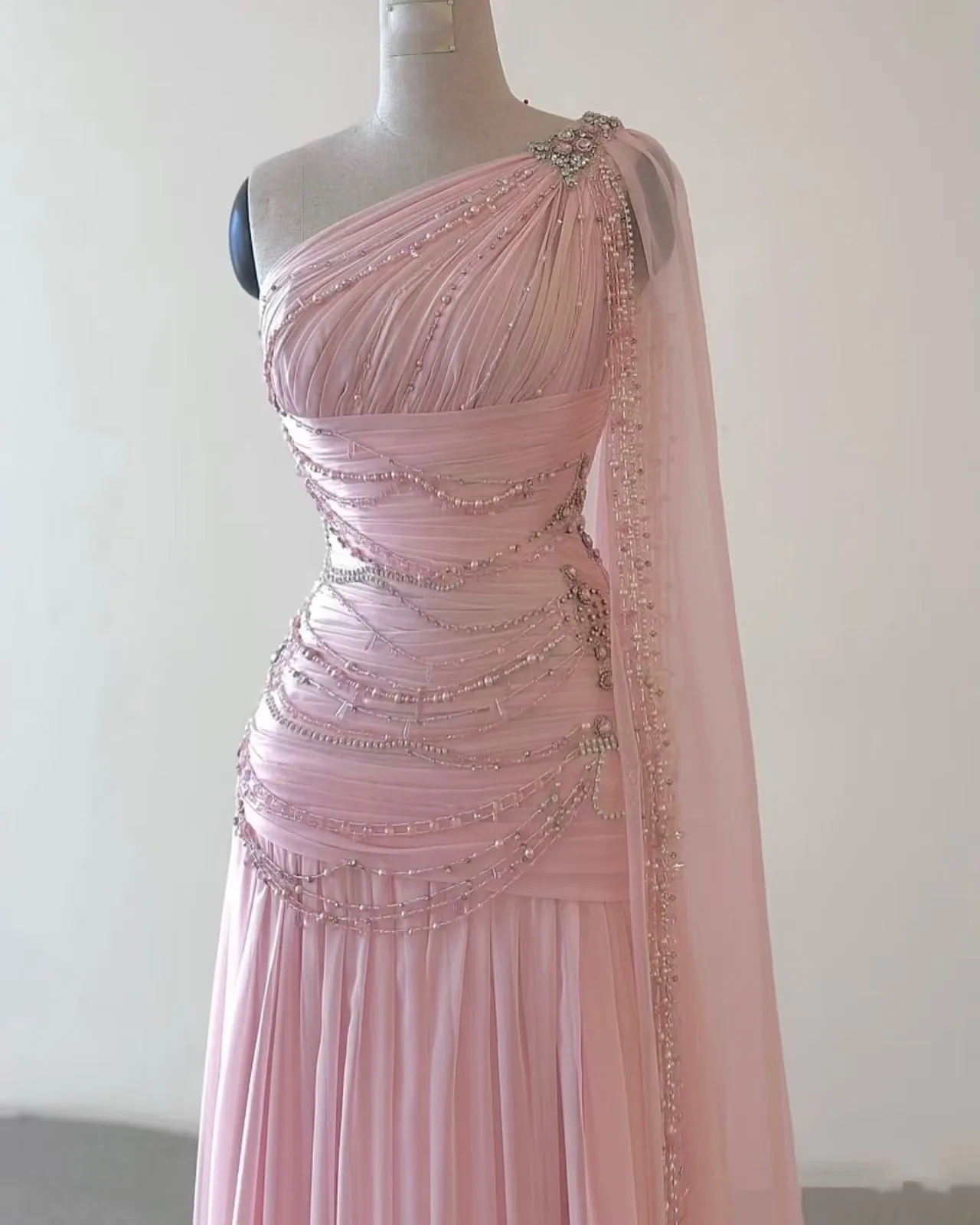 JazzHer Vintage A Line One Shoulder Pink Chiffon Floor Length Prom Dresses Beads Evening Dress (PRE-ORDER)