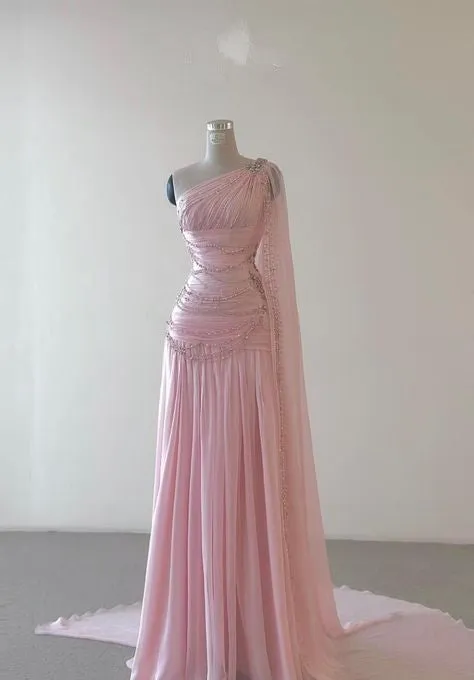 JazzHer Vintage A Line One Shoulder Pink Chiffon Floor Length Prom Dresses Beads Evening Dress (PRE-ORDER)