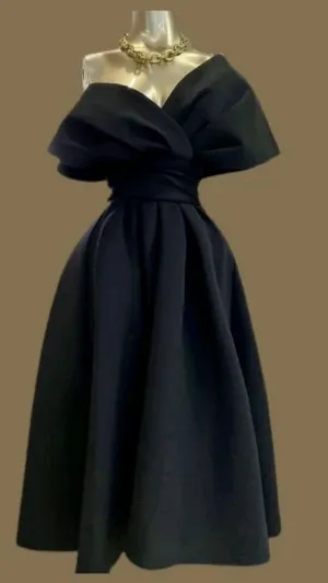 JazzHer Vintage A Line Sleeveless Black Satin Prom Dresses Ruffles Evening Dress (PRE-ORDER)
