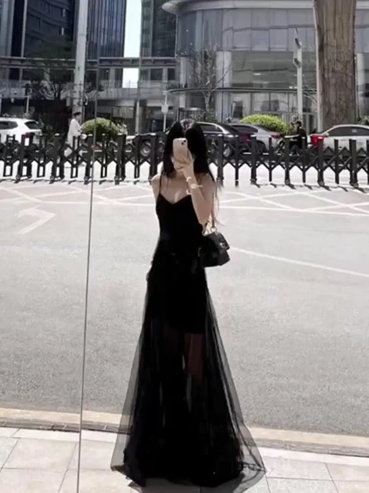 JazzHer Vintage A Line Spaghetti Straps Black Chiffon Long Evening Dress Prom Dresses (PRE-ORDER)