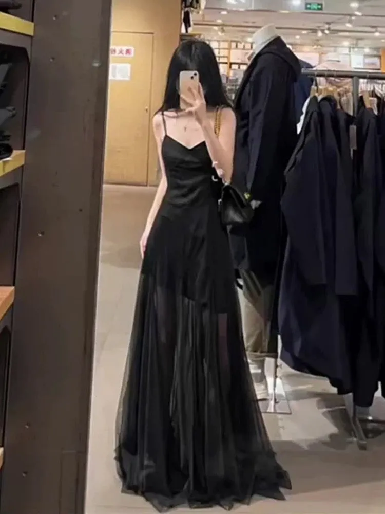 JazzHer Vintage A Line Spaghetti Straps Black Chiffon Long Evening Dress Prom Dresses (PRE-ORDER)