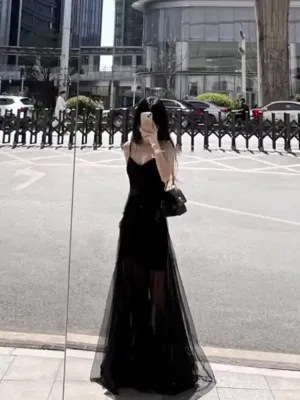 JazzHer Vintage A Line Spaghetti Straps Black Chiffon Long Evening Dress Prom Dresses (PRE-ORDER)