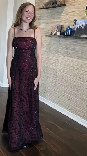 JazzHer Vintage A Line Spaghetti Straps Burgundy Sequin Long Prom Dresses Evening Dress (PRE-ORDER)