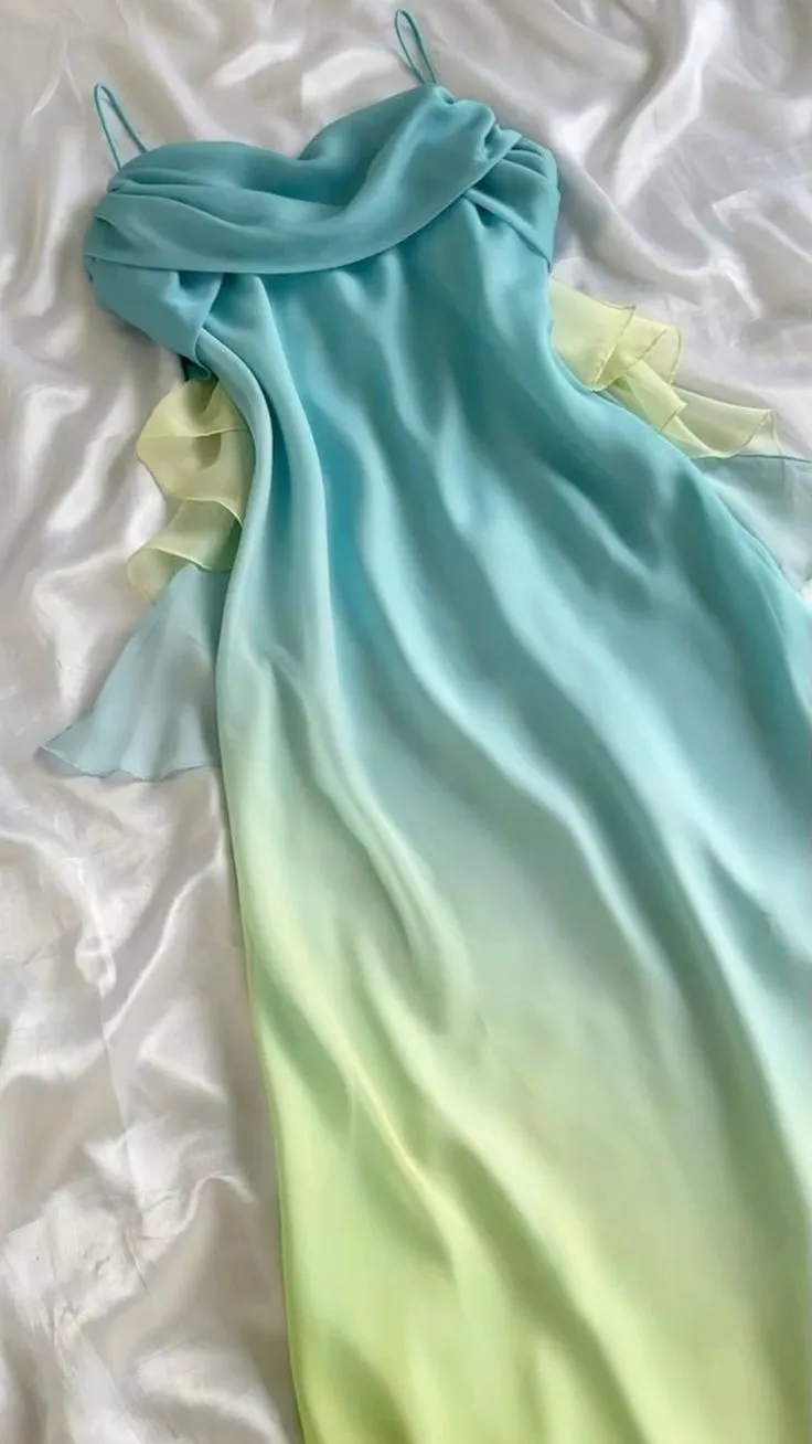 JazzHer Vintage A Line Spaghetti Straps Long Prom Dresses Evening Dress With Ruffles (PRE-ORDER)