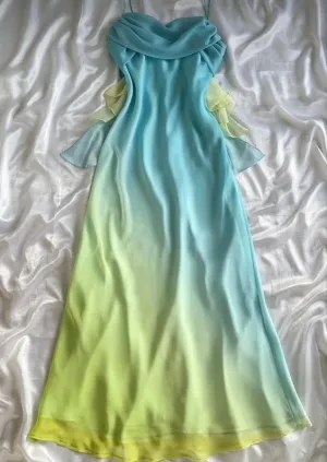 JazzHer Vintage A Line Spaghetti Straps Long Prom Dresses Evening Dress With Ruffles (PRE-ORDER)