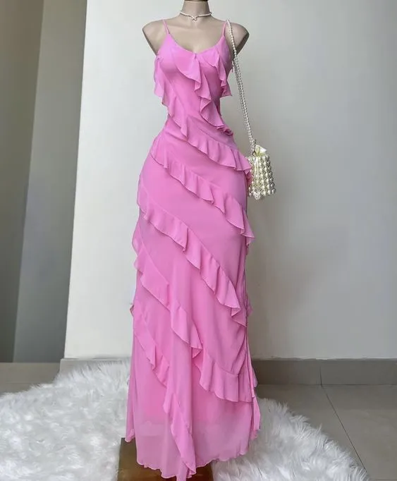 JazzHer Vintage A Line Spaghetti Straps Pink Chiffon Floor Length Prom Dresses Ruffles Evening Dress (PRE-ORDER)
