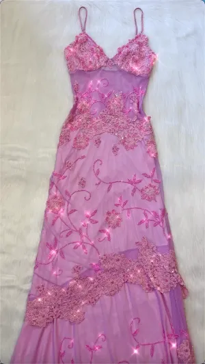 JazzHer Vintage A Line Spaghetti Straps Pink Lace Floor Length Prom Dresses Beads Evening Dress (PRE-ORDER)