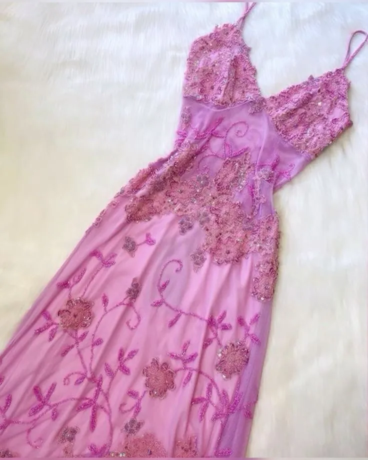 JazzHer Vintage A Line Spaghetti Straps Pink Lace Floor Length Prom Dresses Beads Evening Dress (PRE-ORDER)