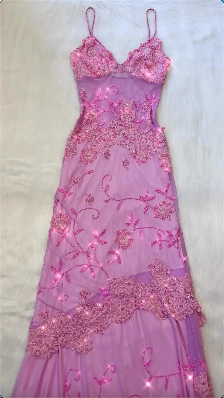 JazzHer Vintage A Line Spaghetti Straps Pink Lace Floor Length Prom Dresses Beads Evening Dress (PRE-ORDER)