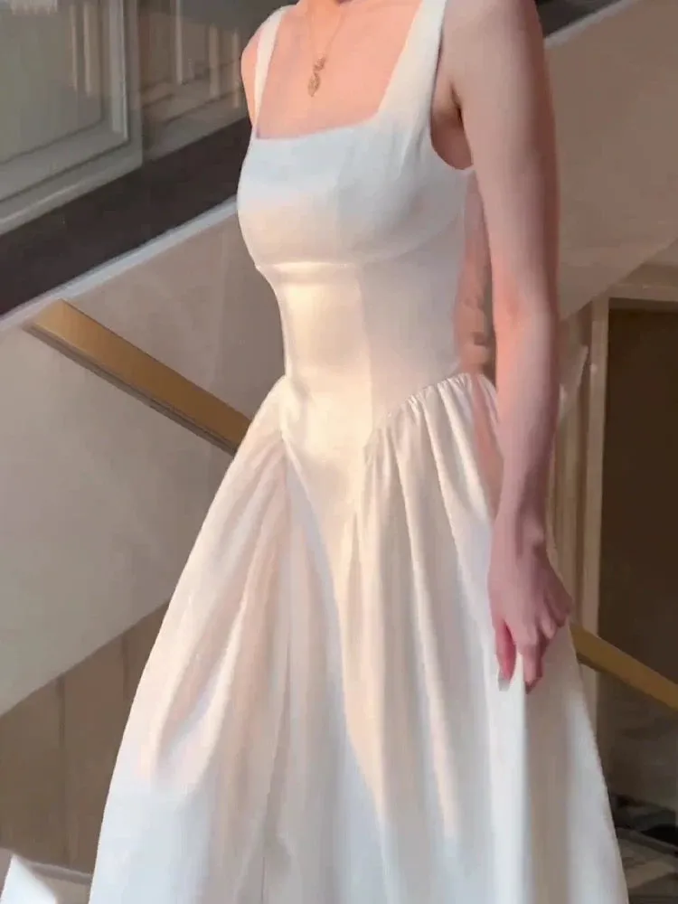 JazzHer Vintage A Line Square Neckline White Sleeveless Satin Prom Dresses Birthday Party Dress (PRE-ORDER)