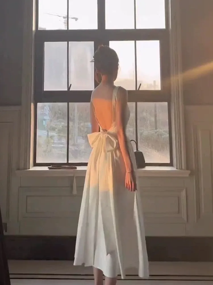 JazzHer Vintage A Line Square Neckline White Sleeveless Satin Prom Dresses Birthday Party Dress (PRE-ORDER)