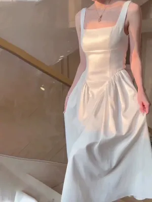 JazzHer Vintage A Line Square Neckline White Sleeveless Satin Prom Dresses Birthday Party Dress (PRE-ORDER)