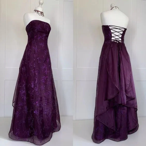 JazzHer Vintage A Line Strapless Grape Lace Long Prom Dresses Evening Dress (PRE-ORDER)