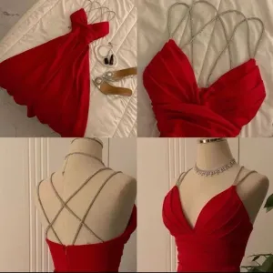 JazzHer Vintage A Line Straps Red Satin Beading Evening Dress Prom Dresses (PRE-ORDER)