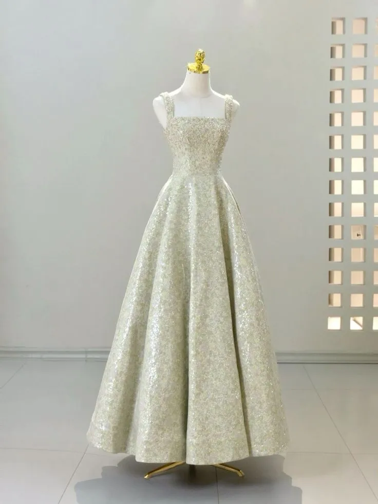 JazzHer Vintage A line Straps Sequin Satin Long Evening Dress Prom Dresses BD  (PRE-ORDER)