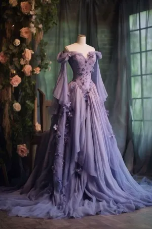 JazzHer Vintage Ball Gown Off The Shoulder Tulle Lilac Prom Dresses Long Sleeves Evening Dress (PRE-ORDER)
