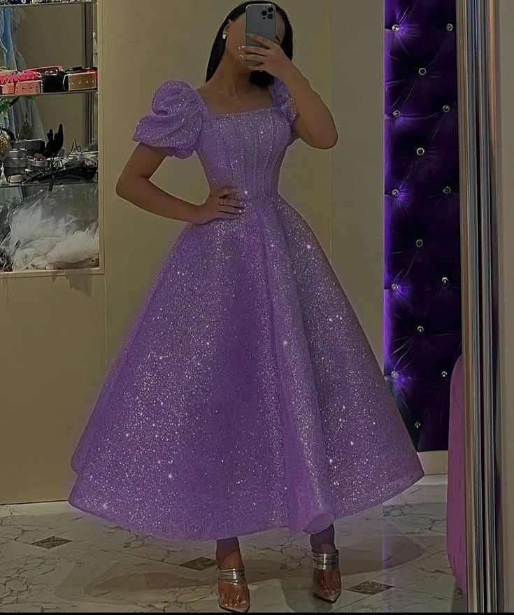 JazzHer Vintage Ball Gown Square Neckline Lilac Sequin Evening Dress Prom Dresses (PRE-ORDER)