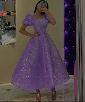JazzHer Vintage Ball Gown Square Neckline Lilac Sequin Evening Dress Prom Dresses (PRE-ORDER)