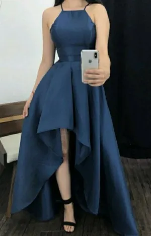 JazzHer Vintage High Low Halter Navy Blue Satin Prom Dresses Evening Gowns (PRE-ORDER)