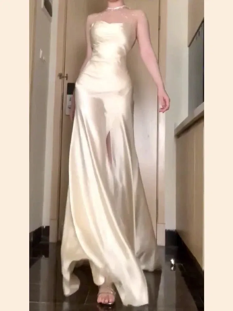 JazzHer Vintage Mermaid Spaghetti Straps Champagne Satin Long Floor Length Prom Dresses (PRE-ORDER)