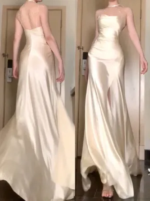 JazzHer Vintage Mermaid Spaghetti Straps Champagne Satin Long Floor Length Prom Dresses (PRE-ORDER)
