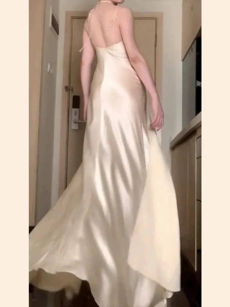 JazzHer Vintage Mermaid Spaghetti Straps Champagne Satin Long Floor Length Prom Dresses (PRE-ORDER)