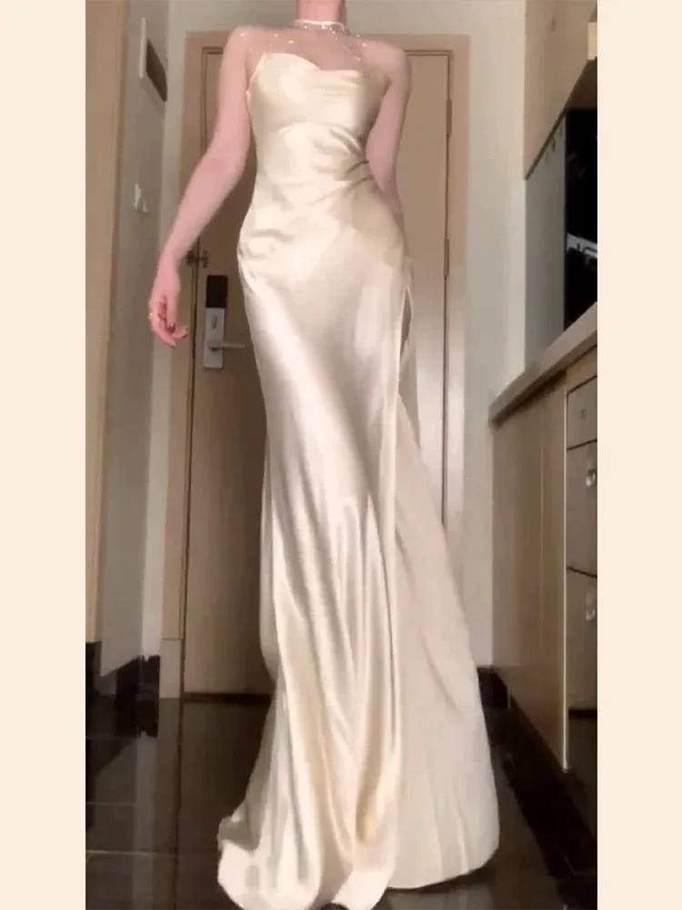 JazzHer Vintage Mermaid Spaghetti Straps Champagne Satin Long Floor Length Prom Dresses (PRE-ORDER)