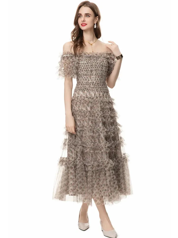 Kendra  Short Sleeve Flowers Print Ruffles Vintage Backless Dress