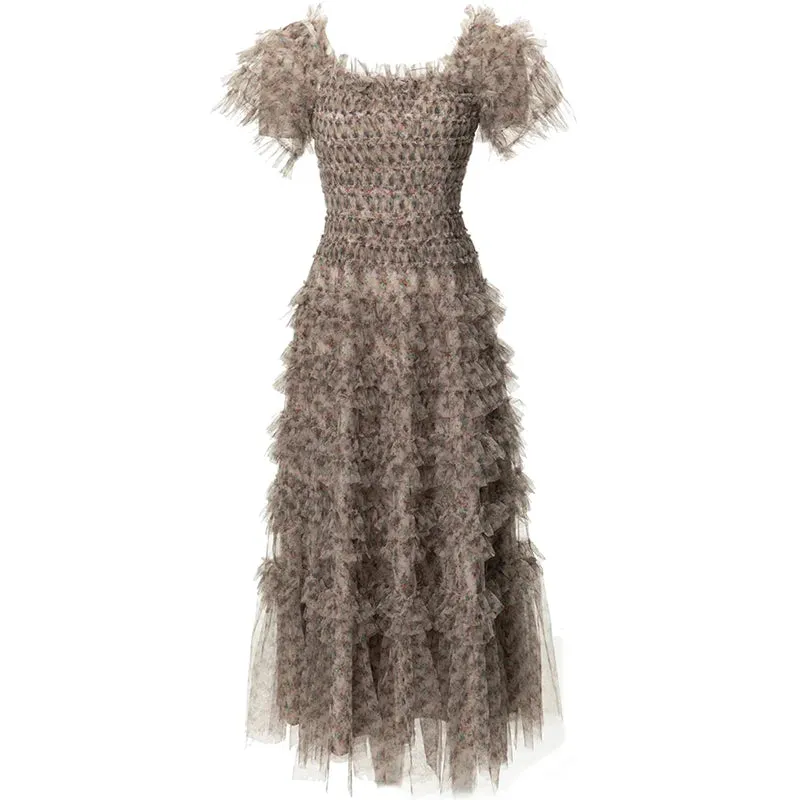 Kendra  Short Sleeve Flowers Print Ruffles Vintage Backless Dress