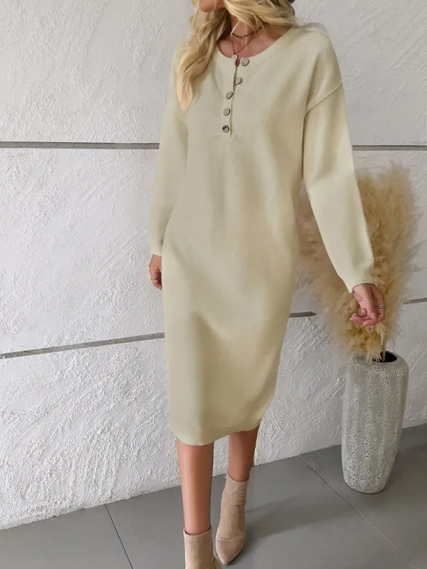 Knit Sweater Dress with Buttoned Placket and Long Sleeves
