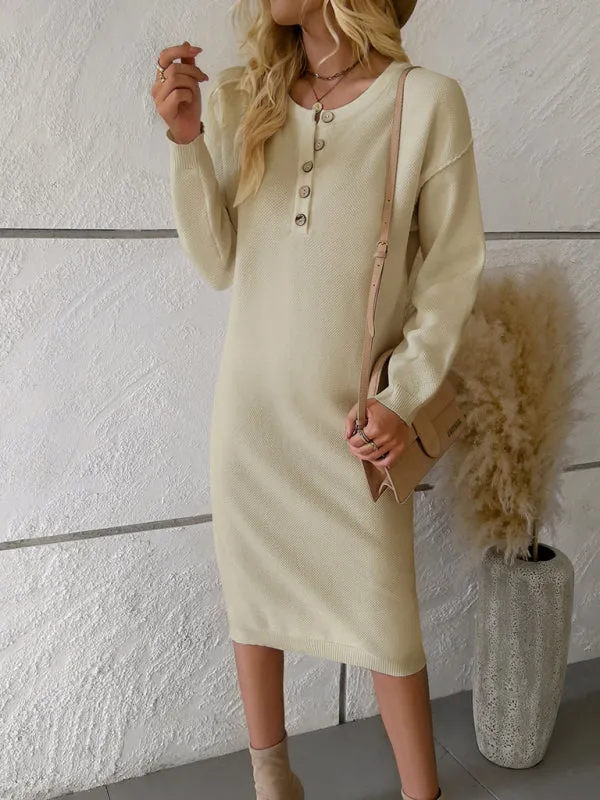 Knit Sweater Dress with Buttoned Placket and Long Sleeves