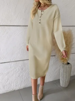 Knit Sweater Dress with Buttoned Placket and Long Sleeves