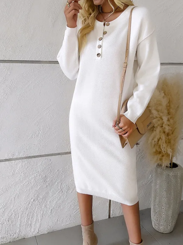 Knit Sweater Dress with Buttoned Placket and Long Sleeves