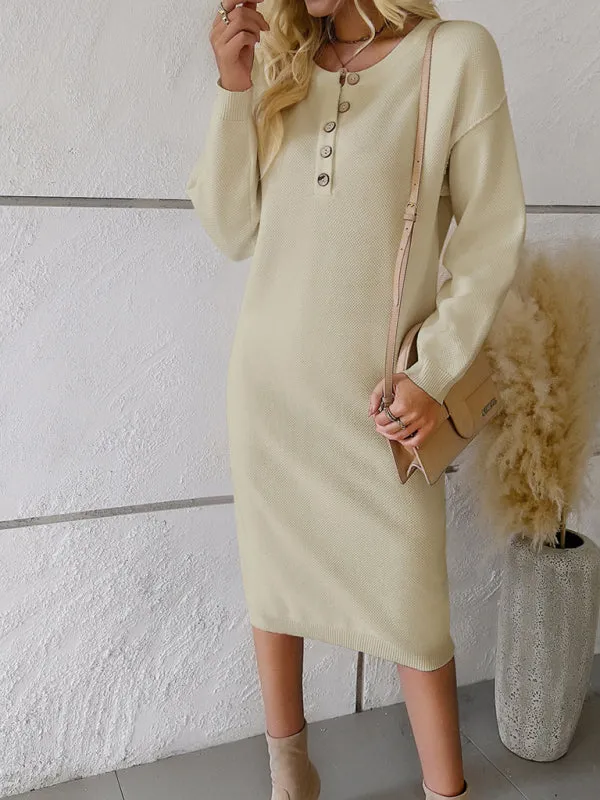 Knit Sweater Dress with Buttoned Placket and Long Sleeves