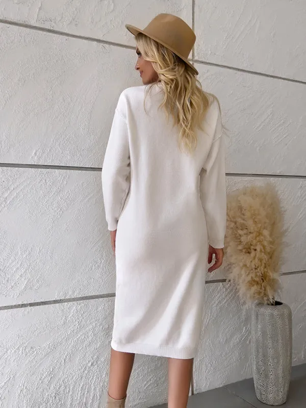 Knit Sweater Dress with Buttoned Placket and Long Sleeves