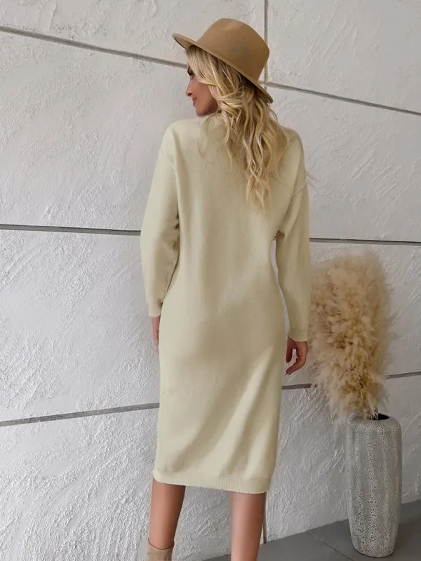 Knit Sweater Dress with Buttoned Placket and Long Sleeves