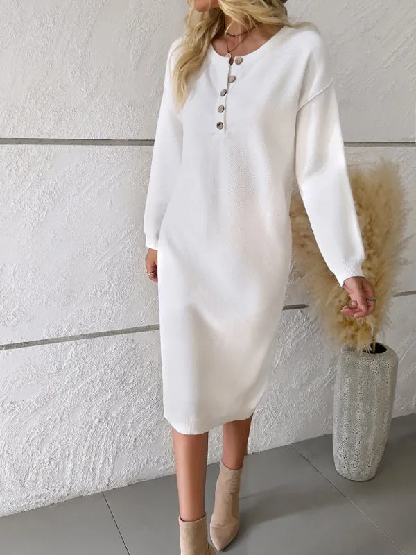 Knit Sweater Dress with Buttoned Placket and Long Sleeves