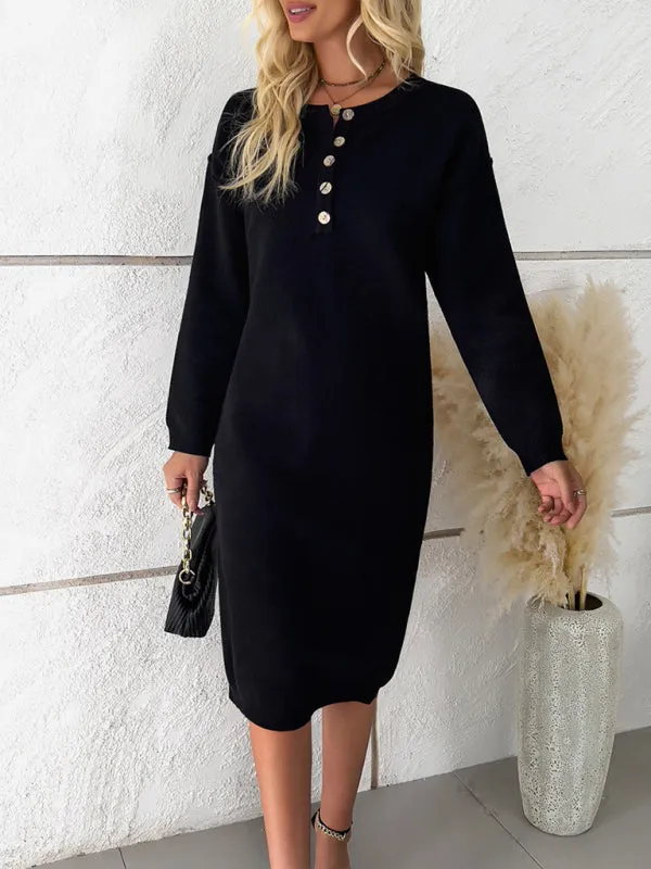 Knit Sweater Dress with Buttoned Placket and Long Sleeves
