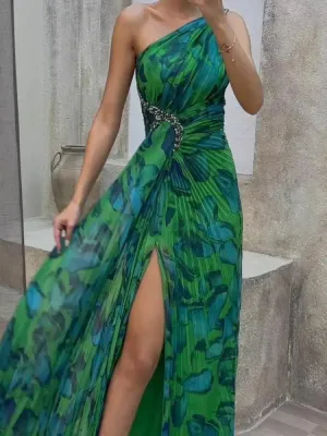 Krismile Women's One Shoulder Leopard Pleated Split-Side Evening Party Dresses Summer Sleeveless Rhinestone Maxi Dress 2024 New