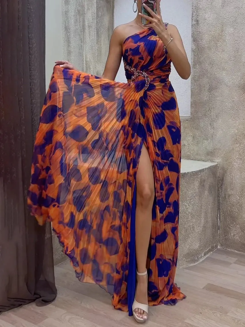 Krismile Women's One Shoulder Leopard Pleated Split-Side Evening Party Dresses Summer Sleeveless Rhinestone Maxi Dress 2024 New