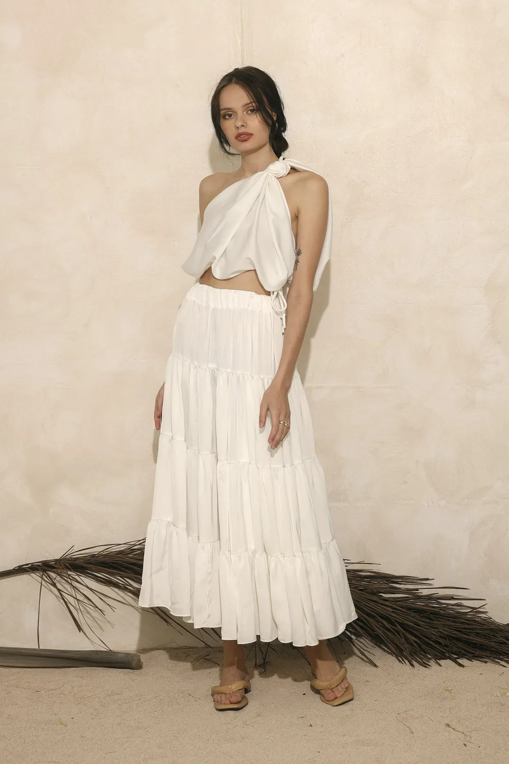 LA RIOJA Twist Top with Four Layer Midi Skirt (White Silk)