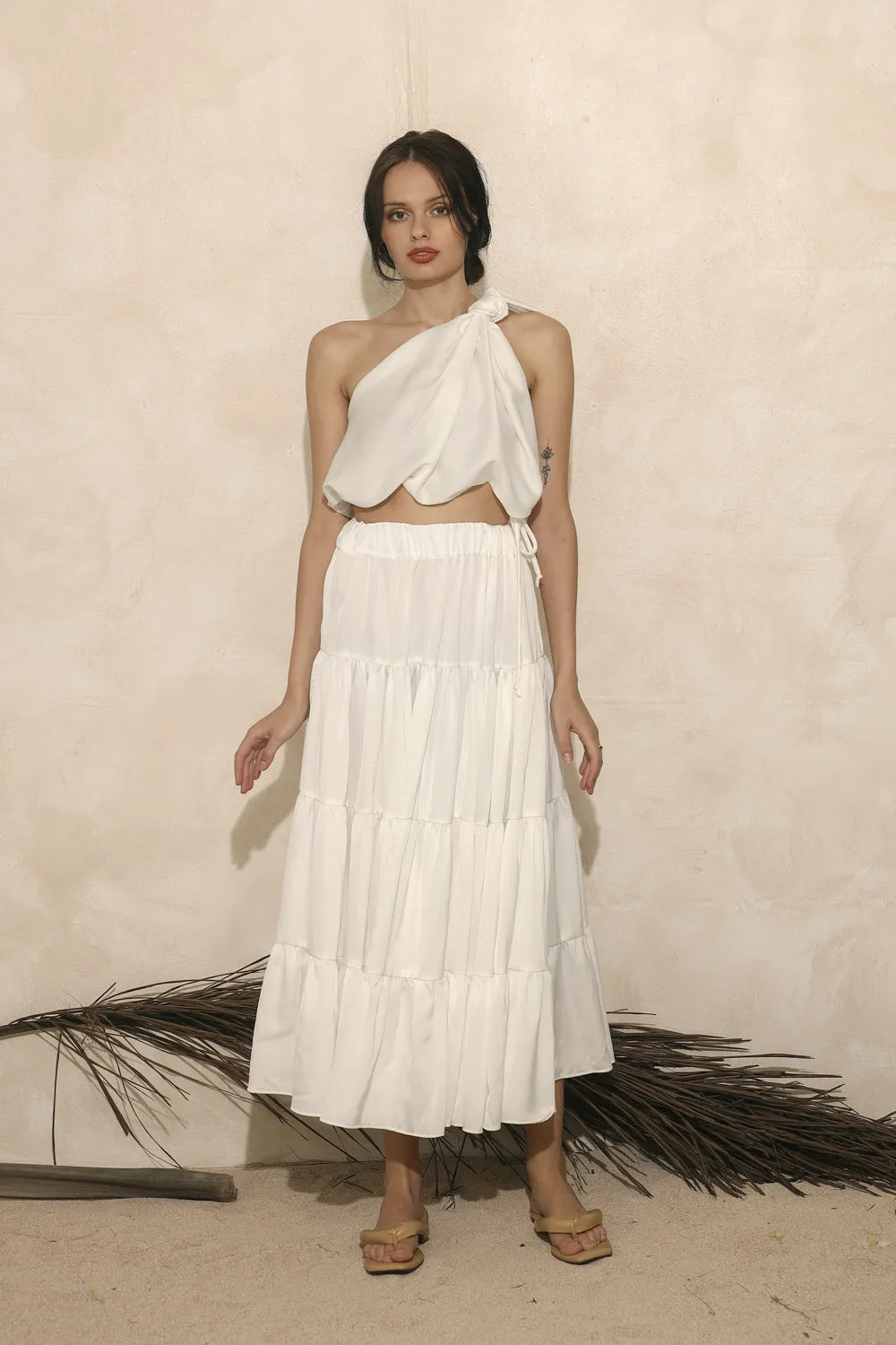 LA RIOJA Twist Top with Four Layer Midi Skirt (White Silk)