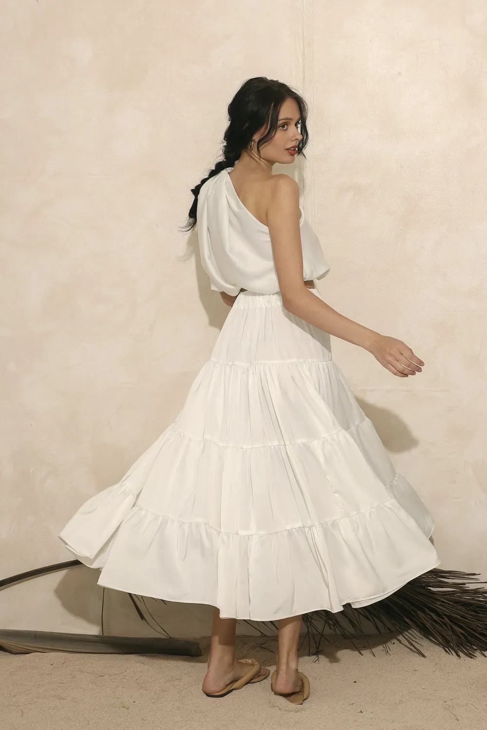 LA RIOJA Twist Top with Four Layer Midi Skirt (White Silk)