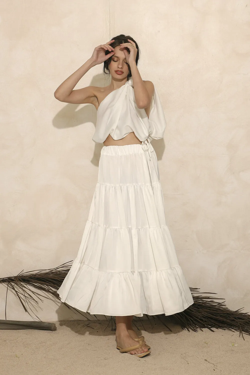 LA RIOJA Twist Top with Four Layer Midi Skirt (White Silk)