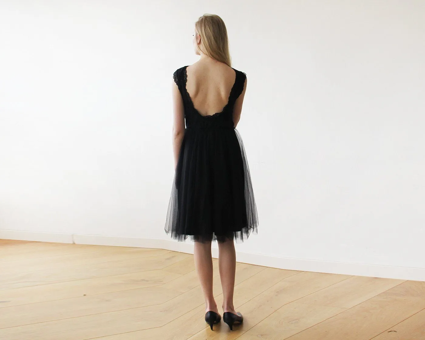 Lace And Tulle Black Sleeveless Midi Dress  #1159