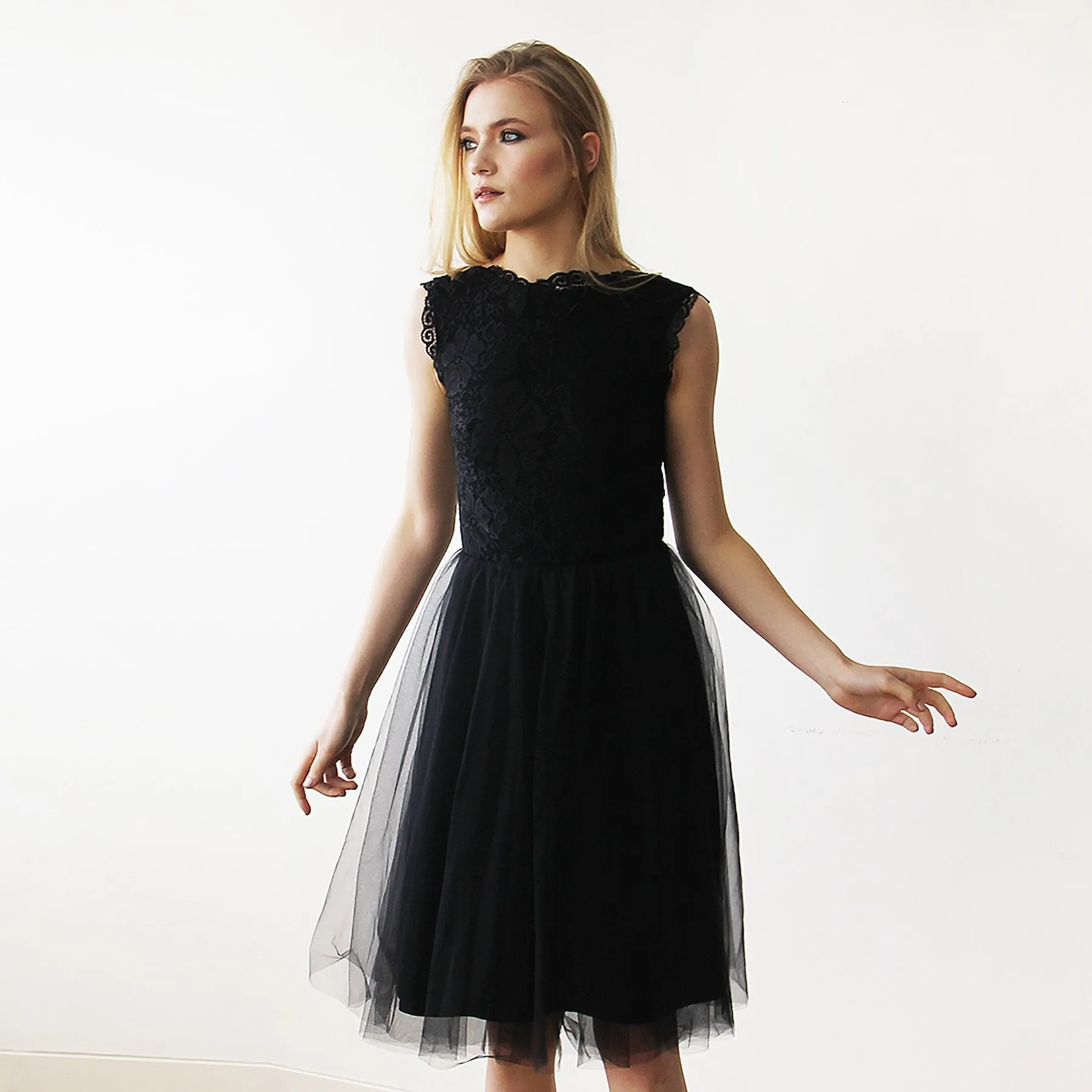 Lace And Tulle Black Sleeveless Midi Dress  #1159
