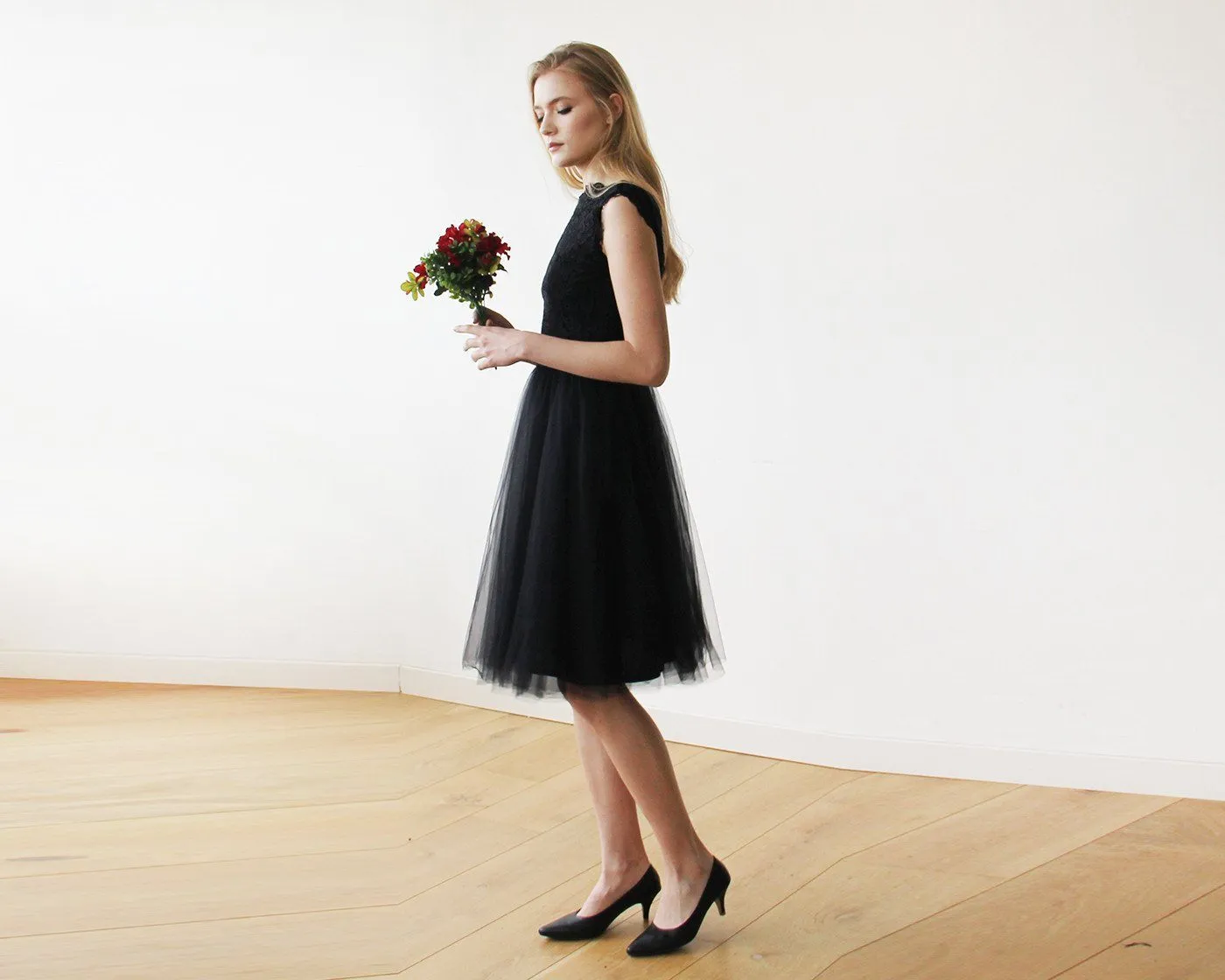 Lace And Tulle Black Sleeveless Midi Dress  #1159