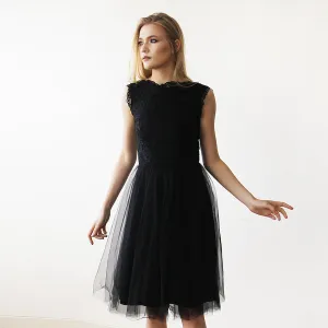 Lace And Tulle Black Sleeveless Midi Dress  #1159
