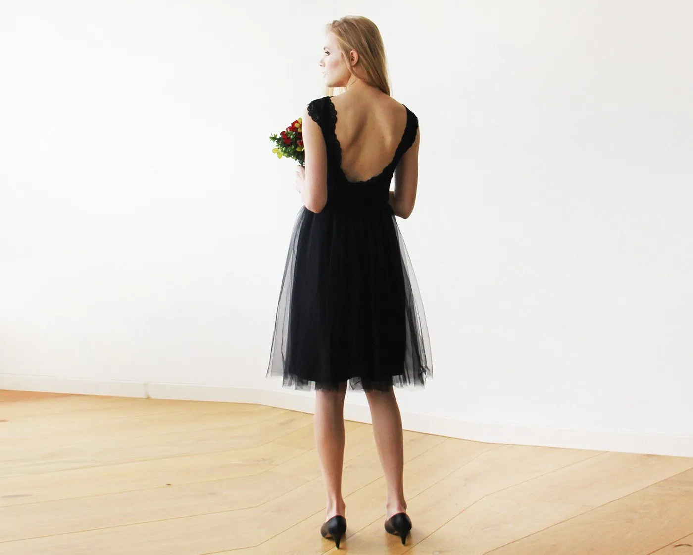 Lace And Tulle Black Sleeveless Midi Dress  #1159